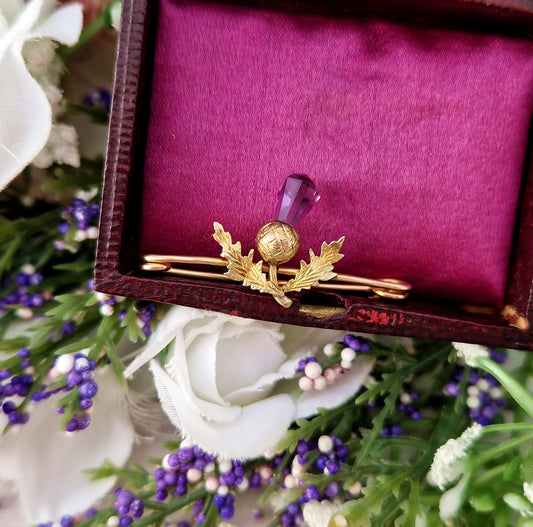 Antique Victorian 9ct Yellow Gold Purple Scottish Thistle Brooch Pin