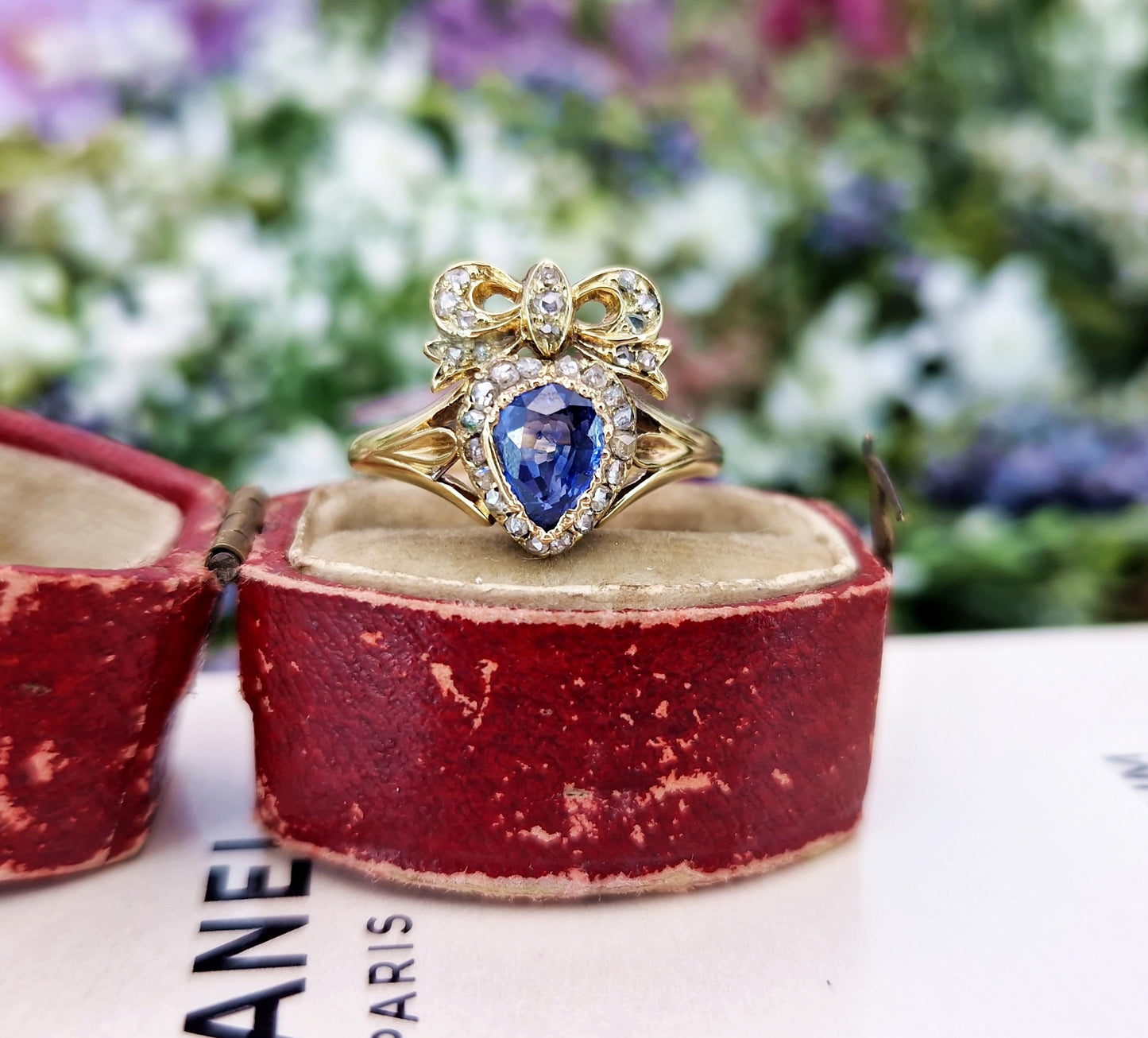 Antique Victorian 18ct Gold Sapphire and Diamond Heart and Bow Ring / Size N 1/2 or 7.25