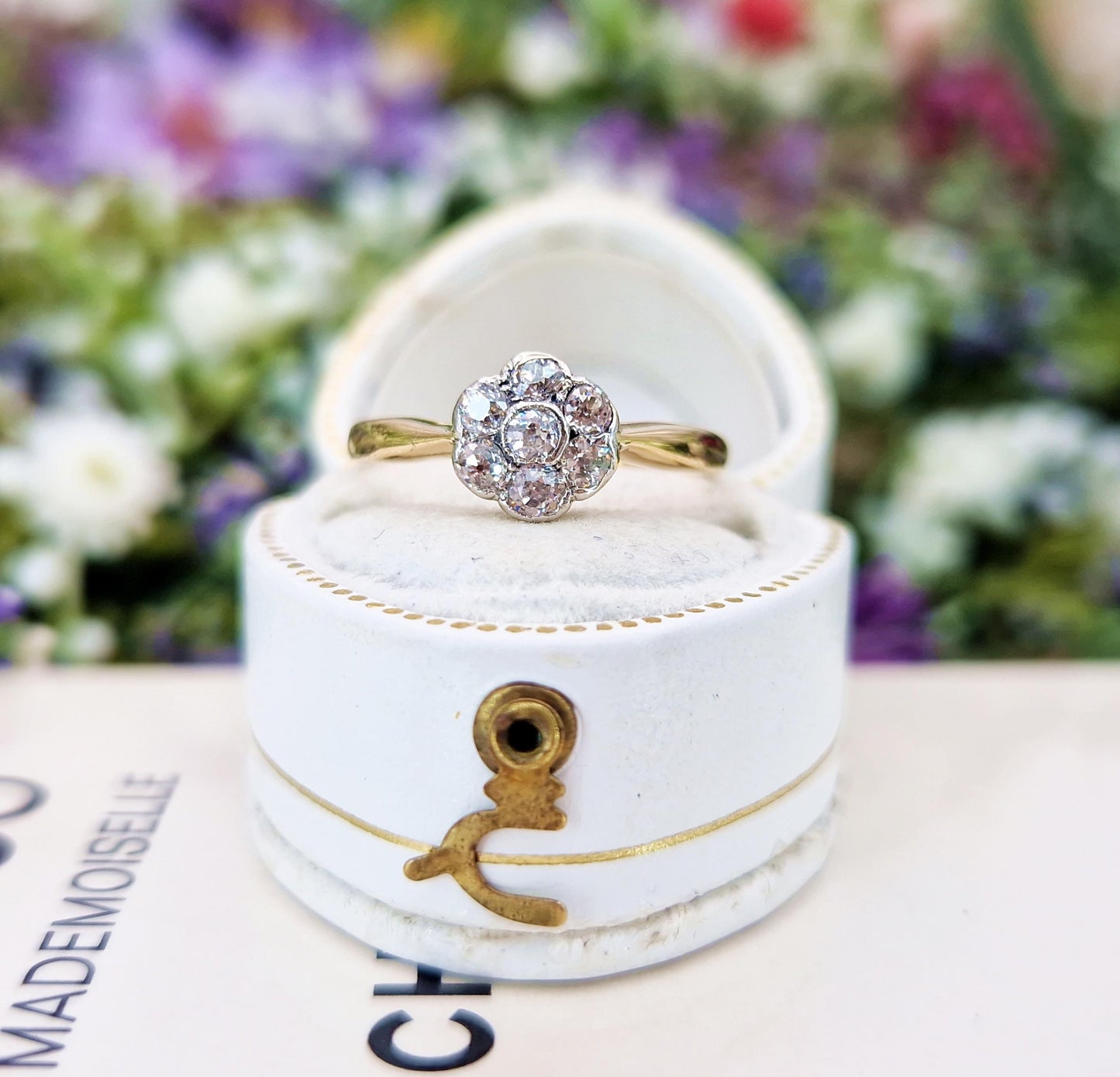 Antique Edwardian 18ct Gold Natural Diamond Daisy Cluster Engagement Ring 0.34cts / Size M 1/2 or 6.75