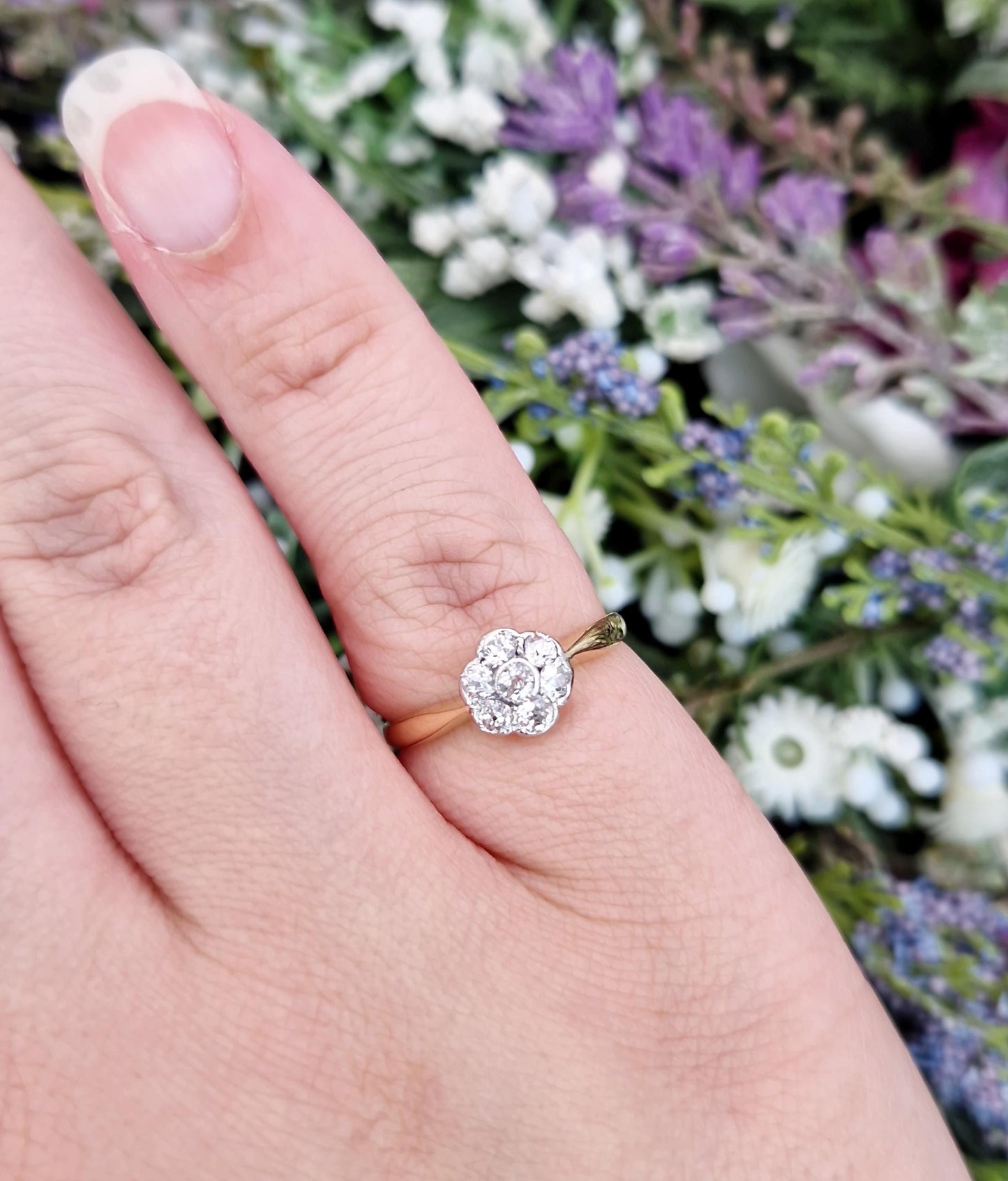Antique Edwardian 18ct Gold Natural Diamond Daisy Cluster Engagement Ring 0.34cts / Size M 1/2 or 6.75