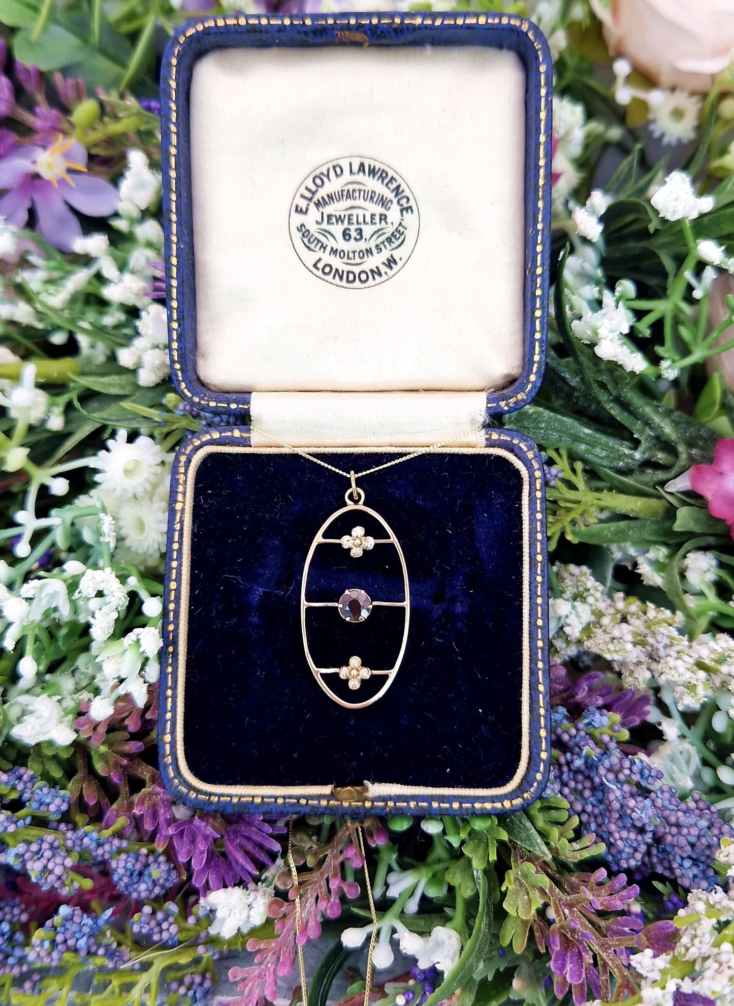 Antique Art Nouveau 9ct Yellow Gold Garnet Flower Lavalier Pendant Necklace