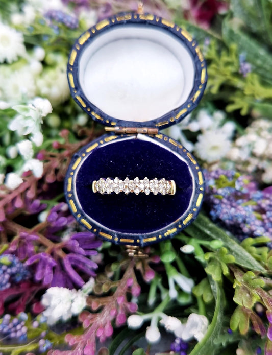 Vintage 9ct Yellow Gold Diamond Posy Cluster Half Eternity Band Ring / Size L 1/2 or 6.25