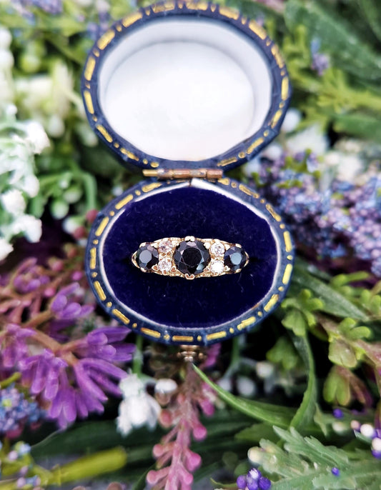 Vintage 1992 9ct Gold Victorian Style Ornate Sapphire and Spinel Trilogy Ring / Size P 1/2 or 8.25