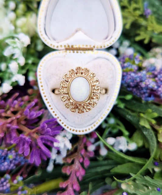 Vintage 9ct Yellow Gold Natural Opal Cabochon Statement Solitaire Ring / Size L or 6