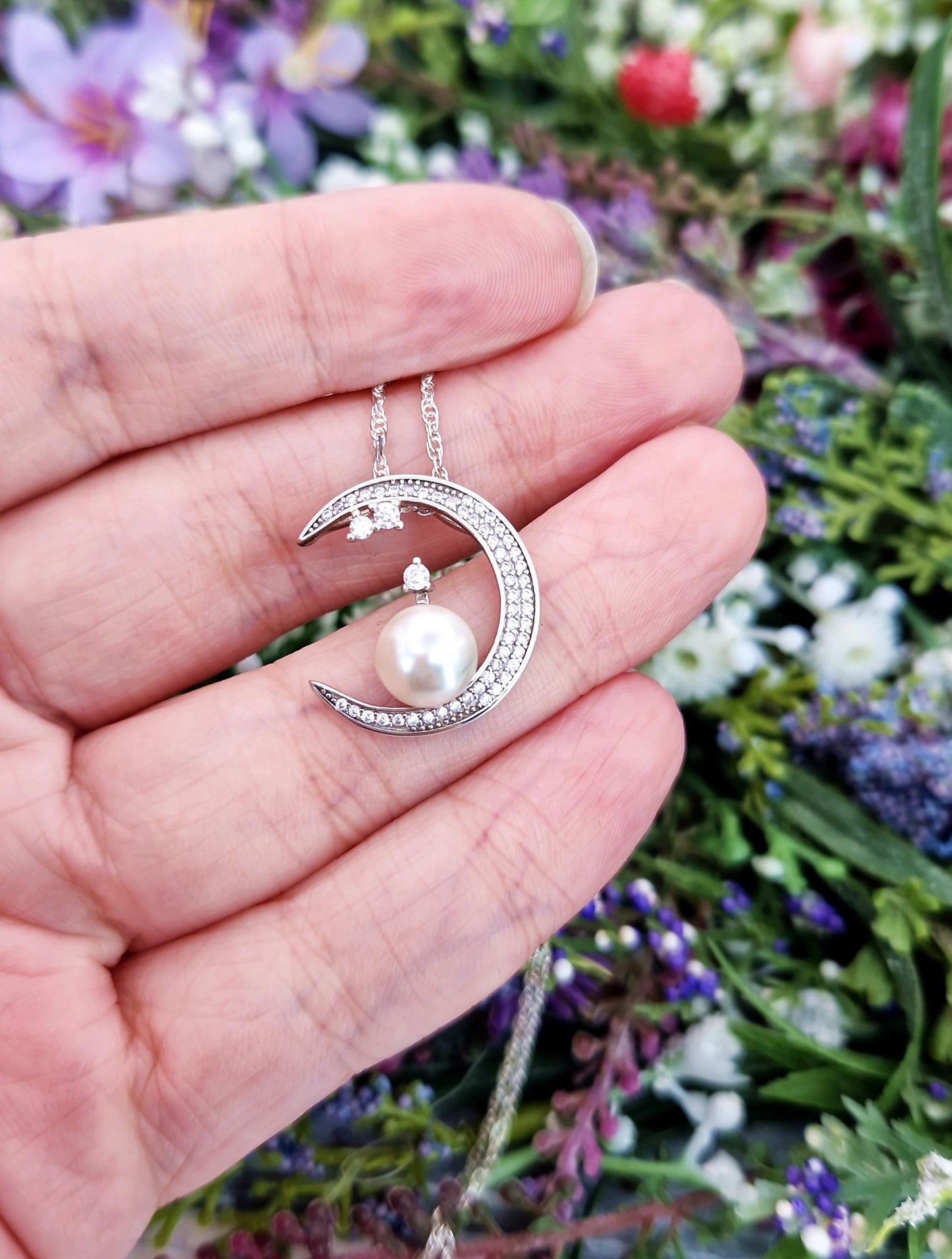 Vintage Sterling Silver Pearl and Crystal Crescent Moon Pendant Necklace