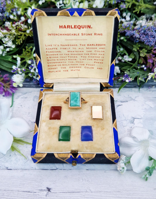 Vintage Rare 9ct Gold Harlequin Interchangeable Gemstone Ring in Original Box / Size P 1/2 or 8.25