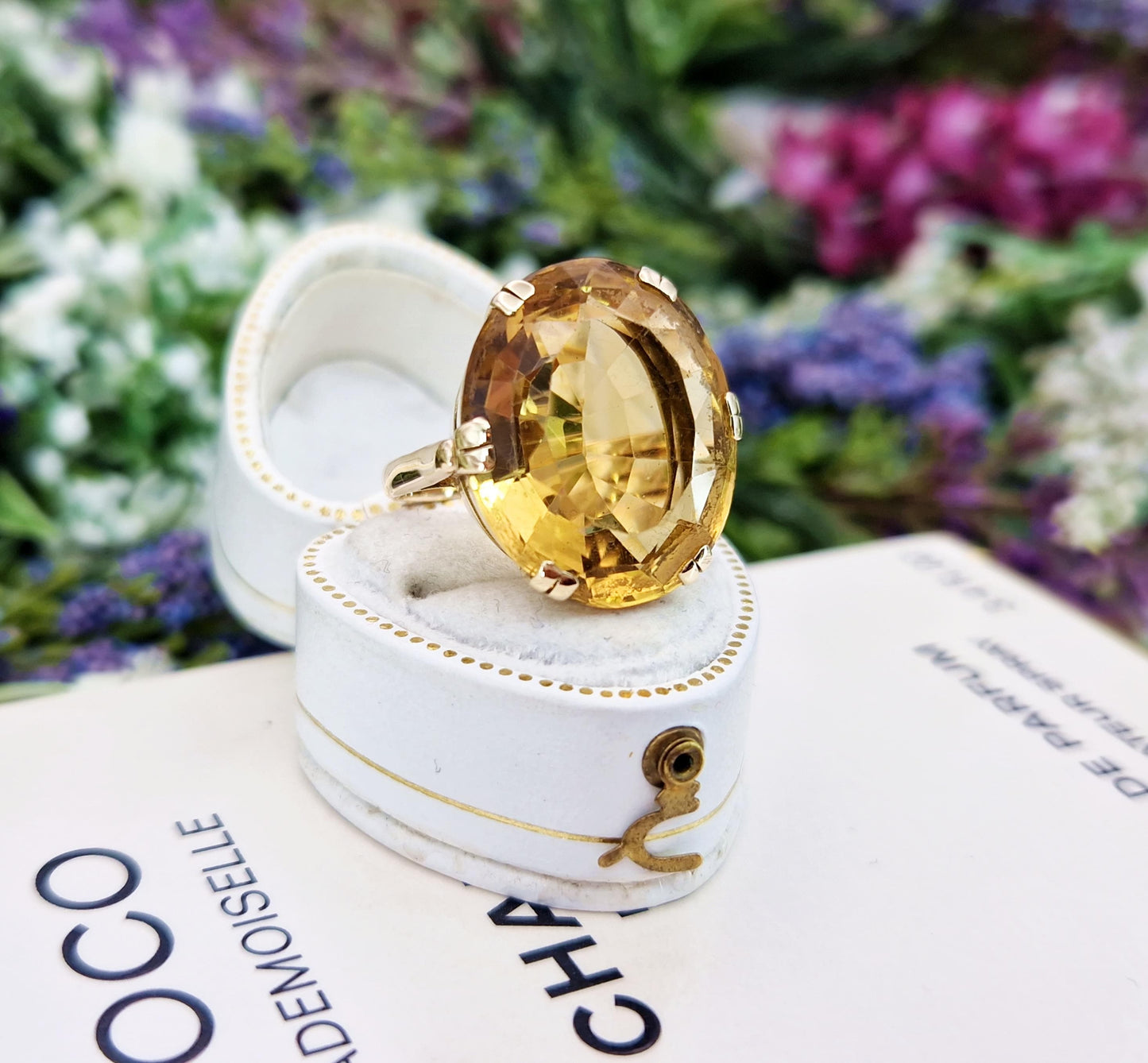 Vintage 9ct Yellow Gold Huge 15ct Citrine Gemstone Statement Solitaire Ring / Size K or 5.5