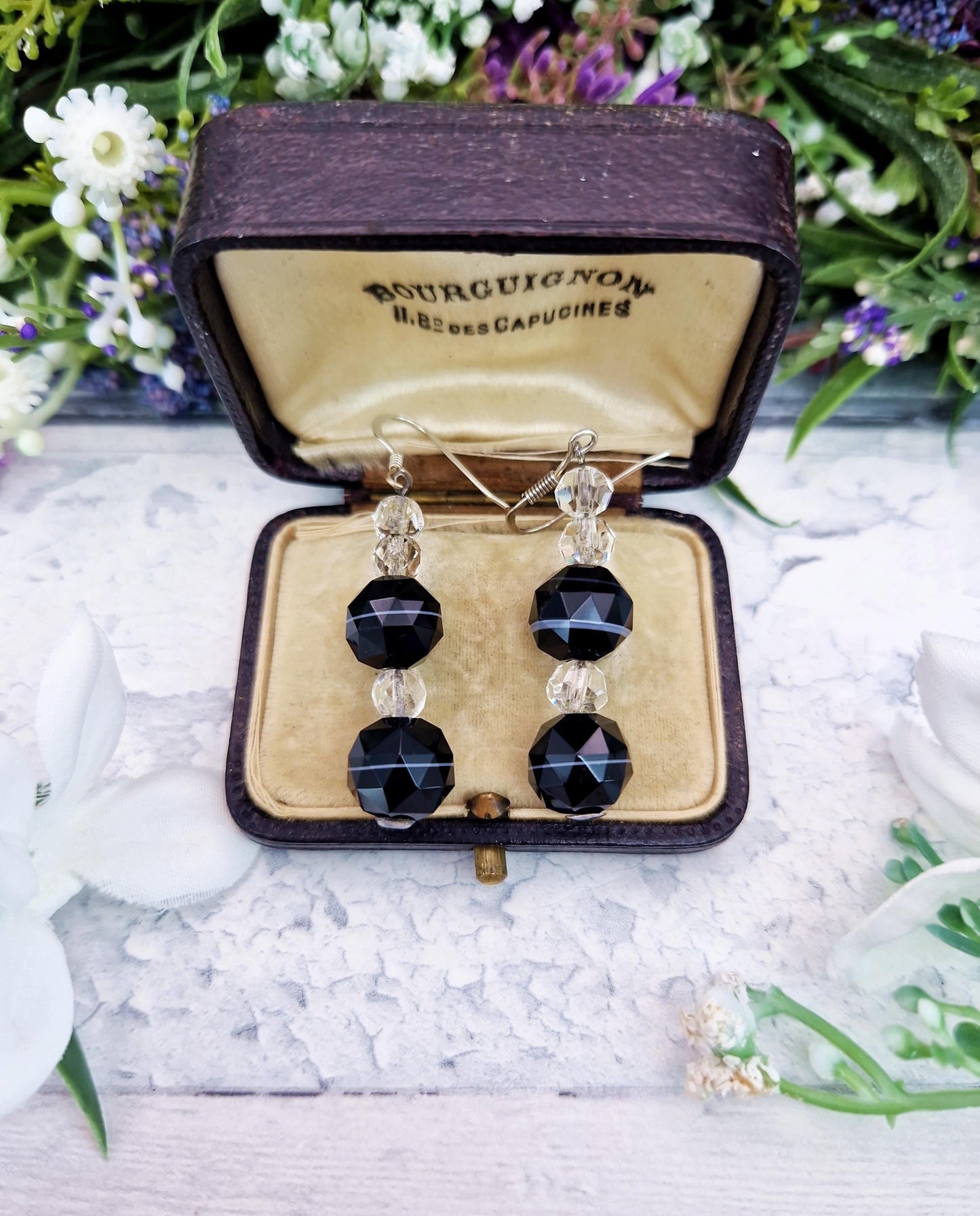 Antique Art Deco Sterling Silver Faceted Black Banded Agate and Glass Bead Hook Drop Earrings