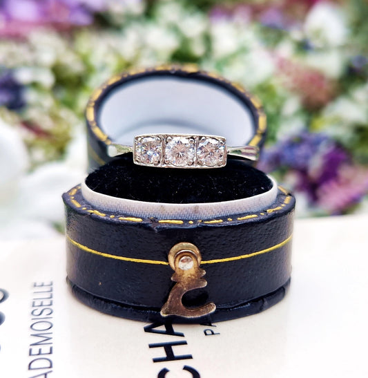 Vintage Art Deco 18ct White Gold 0.66ct Diamond Trilogy Engagement Ring / Size V 1/2 or 11.25