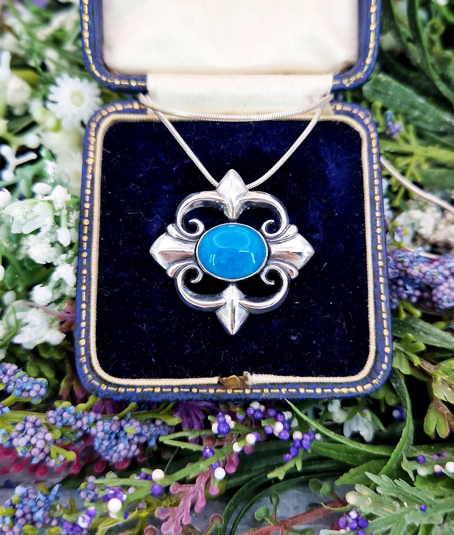 Vintage Sterling Silver Chunky Ornate Cross Pendant Necklace with Truquoise Cabochon