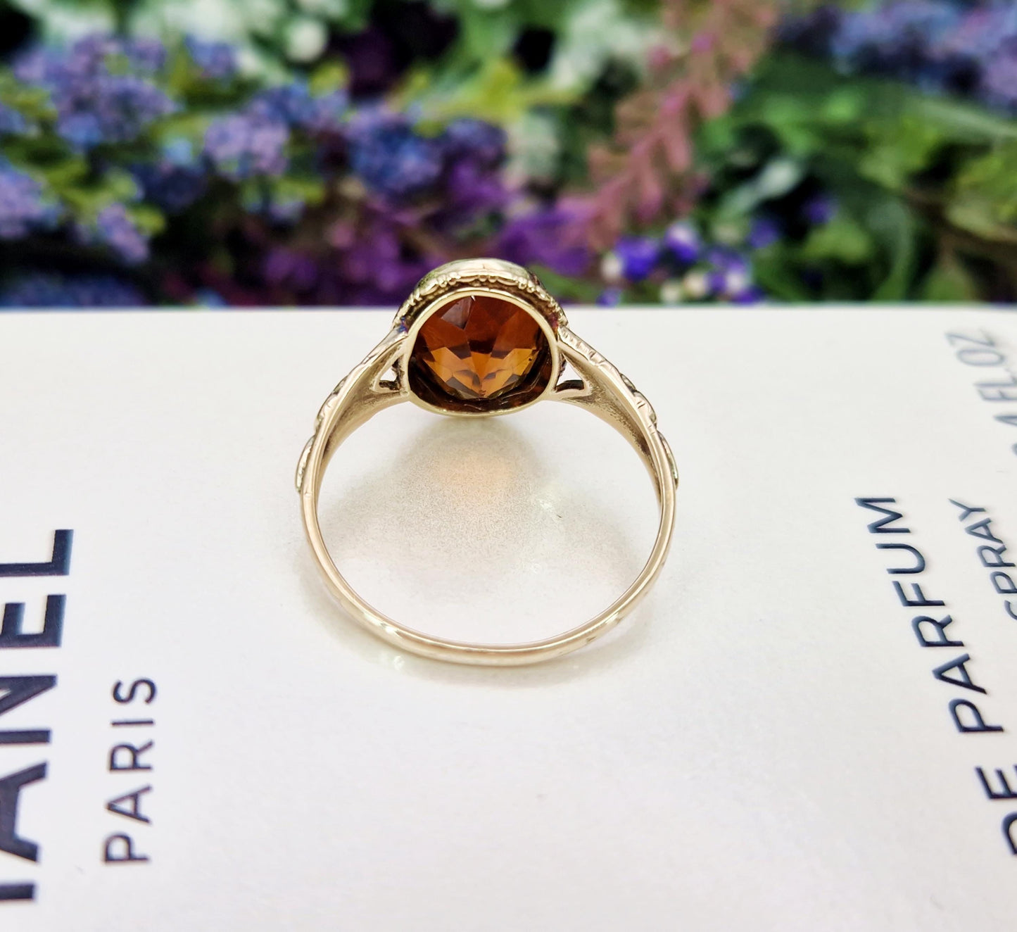 Antique Art Nouveau 9ct Yellow Gold Ornate Engraved Floral Madeira Citrine Solitaire Ring / Size O 1/2 or 7.75