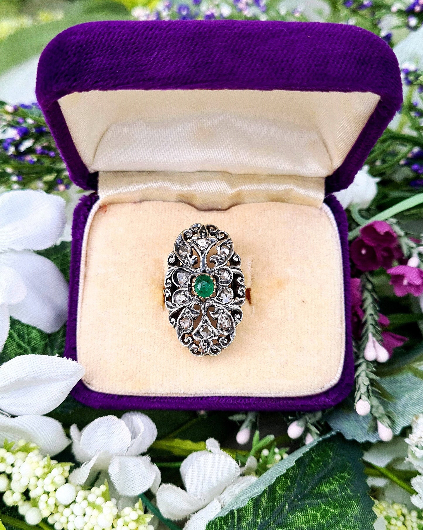 Antique Art Nouveau 18ct Gold Emerald and Rose Cut Diamond Statement Cluster Ring / Size N 1/2 or 7.25