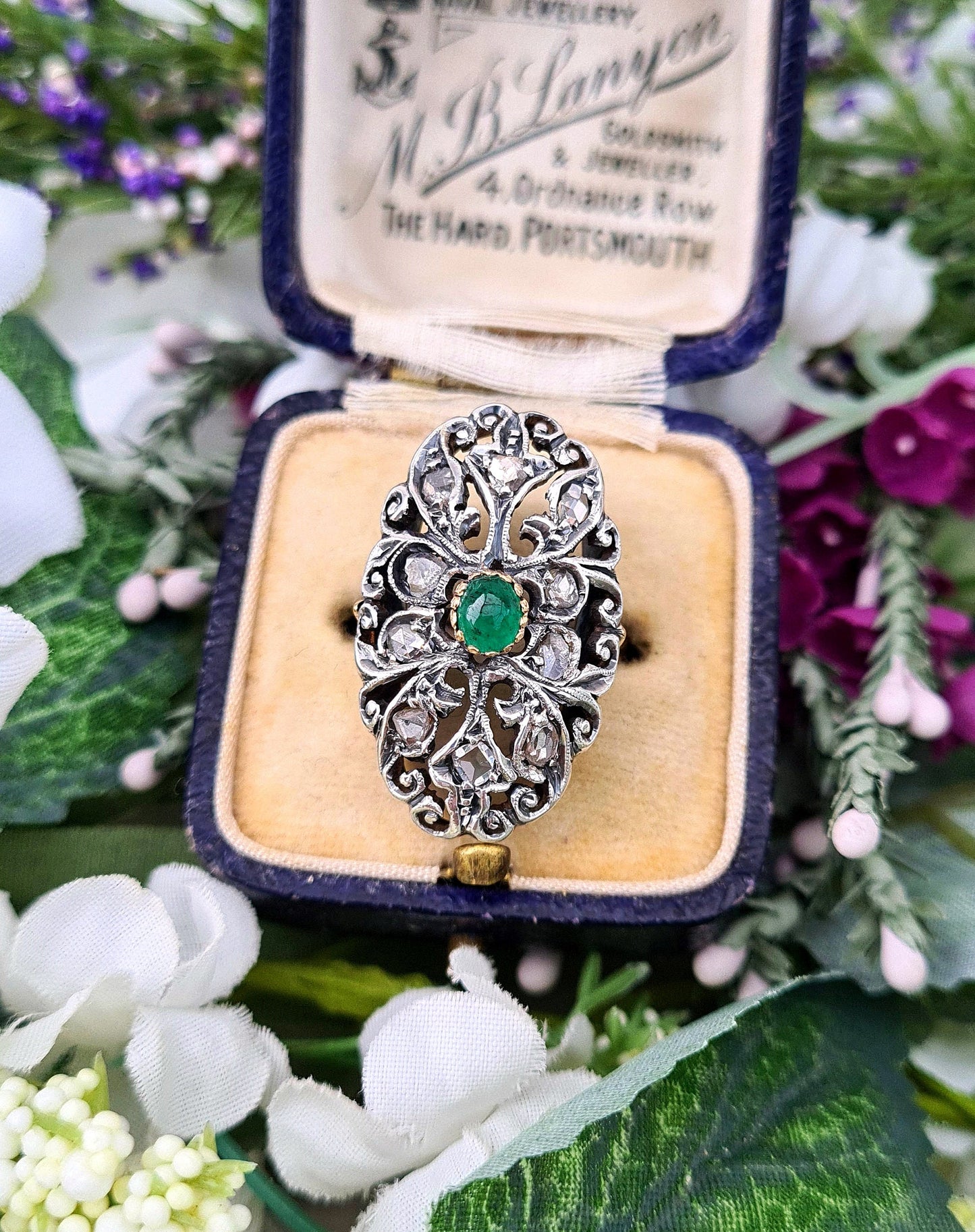 Antique Art Nouveau 18ct Gold Emerald and Rose Cut Diamond Statement Cluster Ring / Size N 1/2 or 7.25