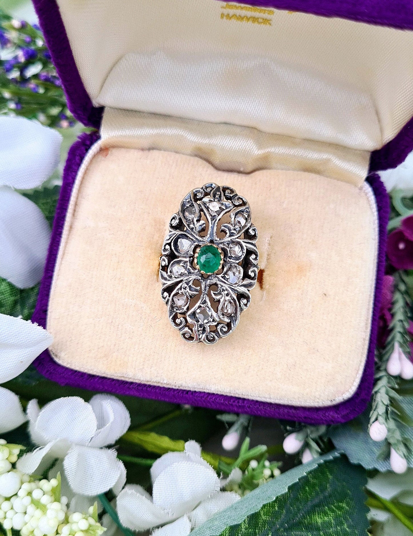 Antique Art Nouveau 18ct Gold Emerald and Rose Cut Diamond Statement Cluster Ring / Size N 1/2 or 7.25