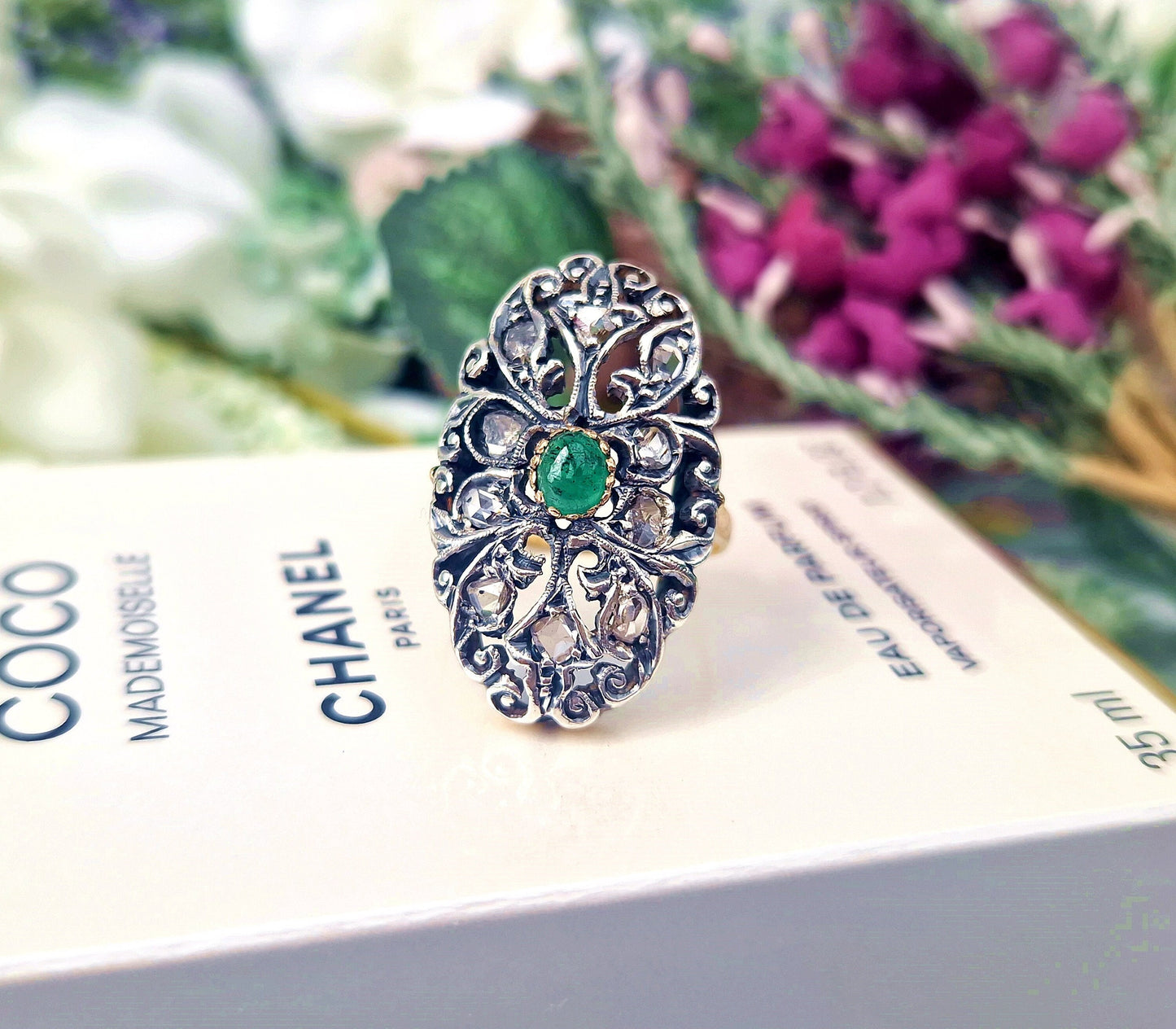 Antique Art Nouveau 18ct Gold Emerald and Rose Cut Diamond Statement Cluster Ring / Size N 1/2 or 7.25